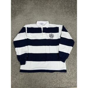 Barbarian Rugby Polo Shirt Mens Medium Blue White Stripe Blair Crest Long Sleeve